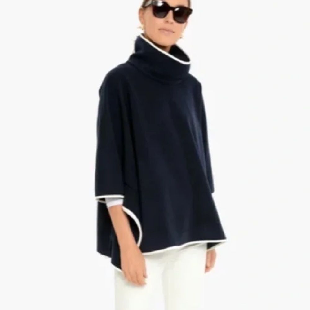 TUCKERNUCK Navy Leather Trim Funnel Neck Piper Poncho size OS Nautical old money